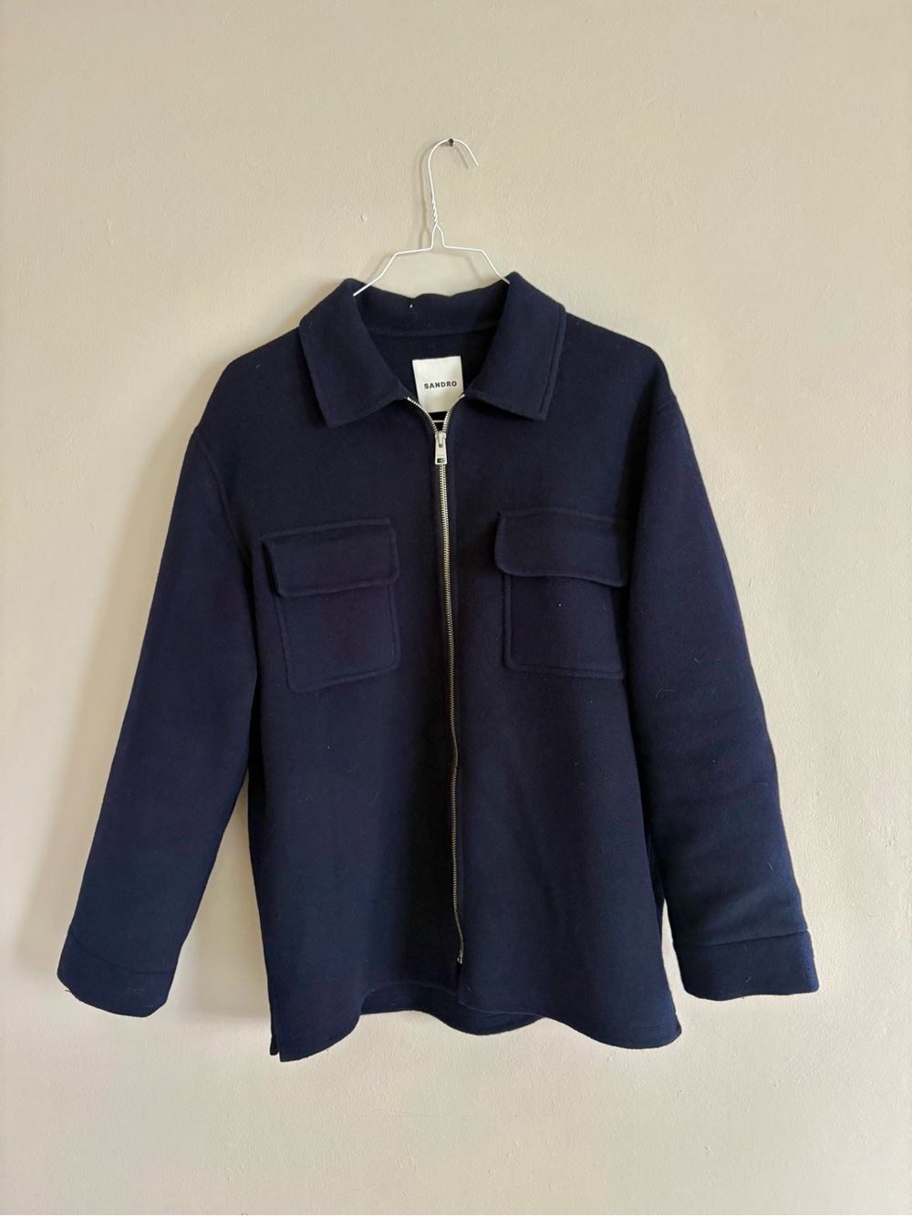 Sandro Dark Navy Zip-Up Utility Wool Jacket